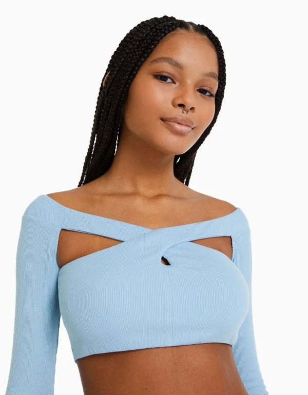 BERSHKA Vêtements*Top manches longues décolleté croisé Noir