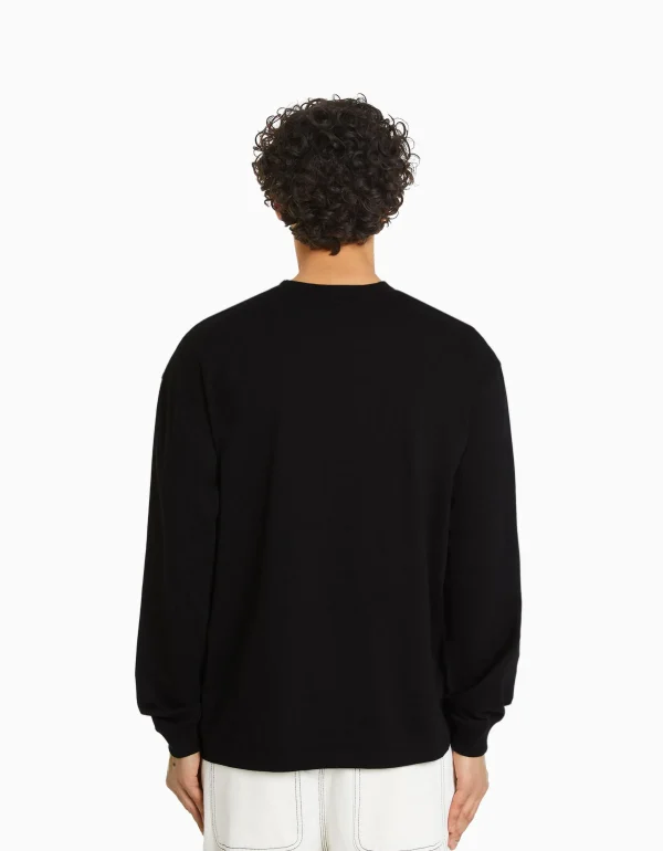 BERSHKA One Love*Top manches longues oversize imprimé Noir