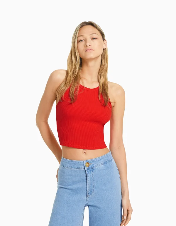 BERSHKA Tee-shirts*Top sans manches bord-côte Rouge