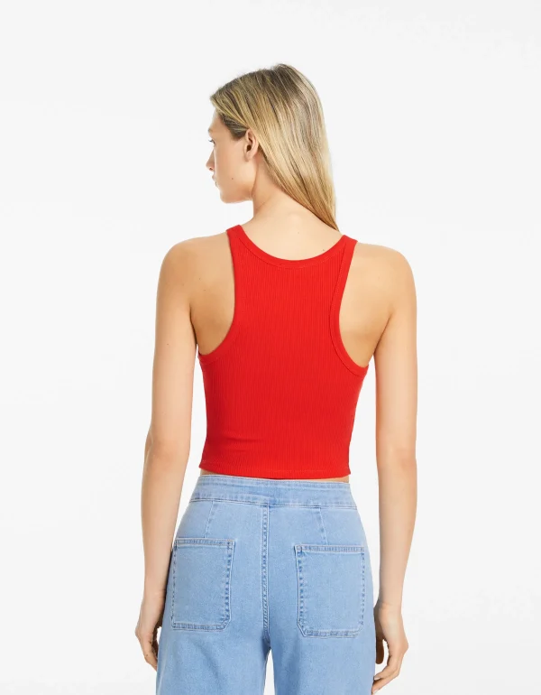 BERSHKA Tee-shirts*Top sans manches bord-côte Rouge