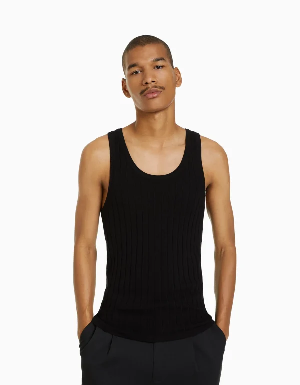 BERSHKA Tee-shirts*Top sans manches maille côtelée Noir