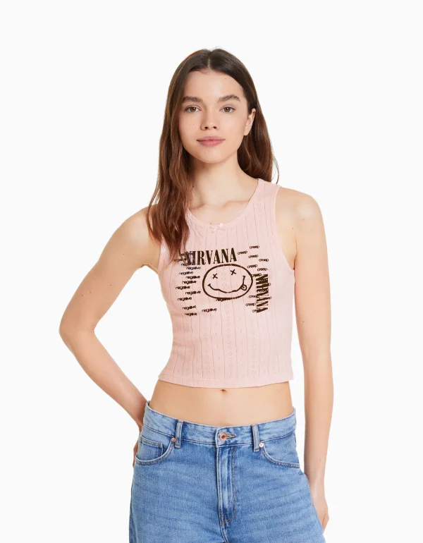 BERSHKA Tee-shirts*Top sans manches maille pointelle imprimé Nirvana Rose