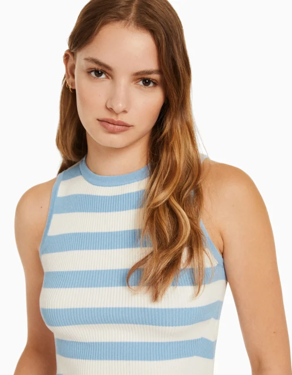 BERSHKA Tops et corsets*Top sans manches maille rayures Bleu clair