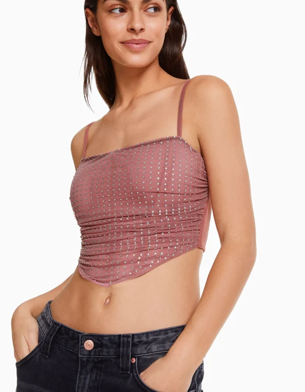 BERSHKA Vêtements*Top strass résille bretelles fines Rose