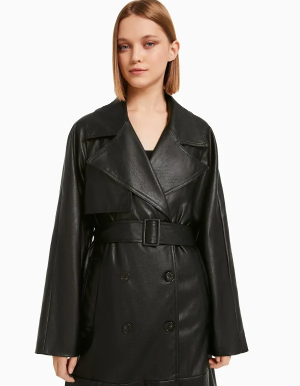 BERSHKA Party*Trench similicuir Noir