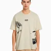 BERSHKA Vêtements*T-shirt boxy manches courtes imprimé Camel