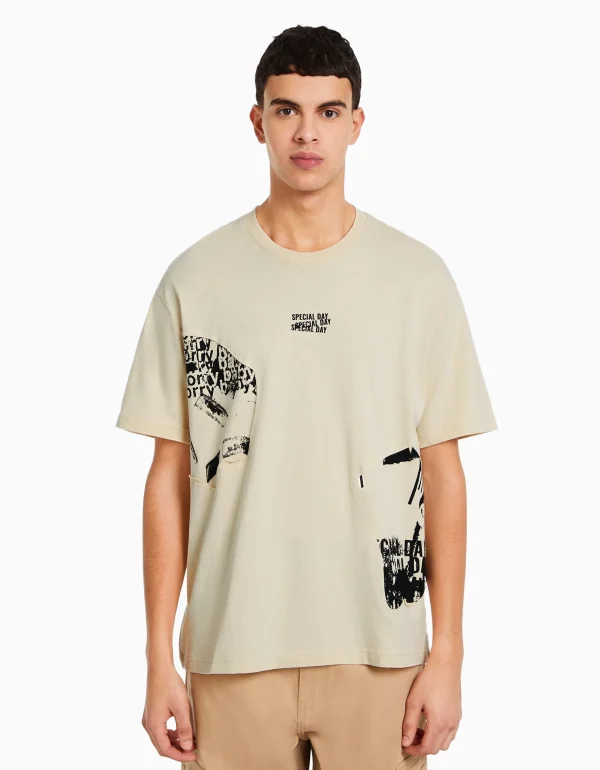 BERSHKA Vêtements*T-shirt boxy manches courtes imprimé Camel