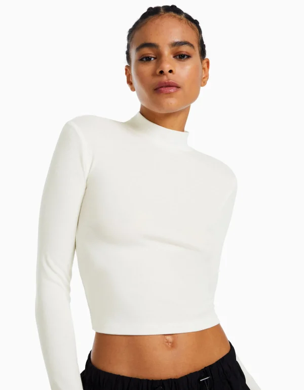 BERSHKA Tee-shirts*T-shirt col roulé manches longues Blanc cassé