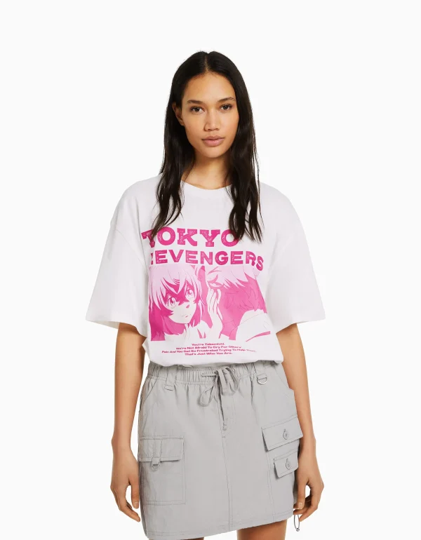 BERSHKA Vêtements*T-shirt manches courtes boxy fit imprimé TOKYO REVENGERS Noir