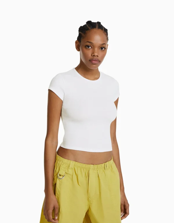 BERSHKA Tee-shirts*T-shirt manches courtes bord côte Blanc cassé