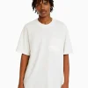 BERSHKA Vêtements*T-shirt manches courtes boxy fit poche Blanc