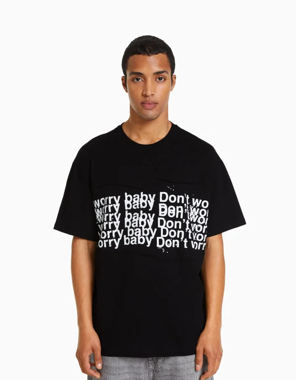 BERSHKA Vêtements*T-shirt manches courtes boxy fit empiècements Noir