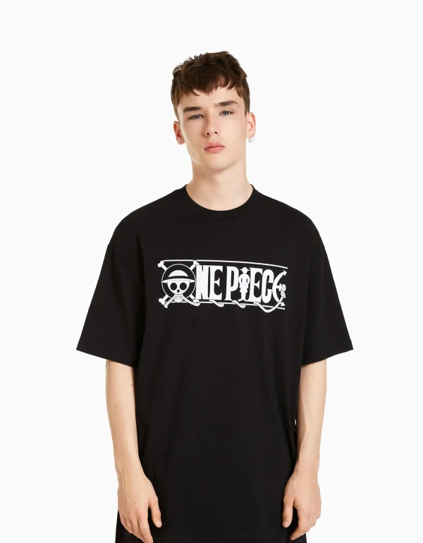 BERSHKA Vêtements*T-shirt manches courtes boxy fit imprimé One Piece Noir