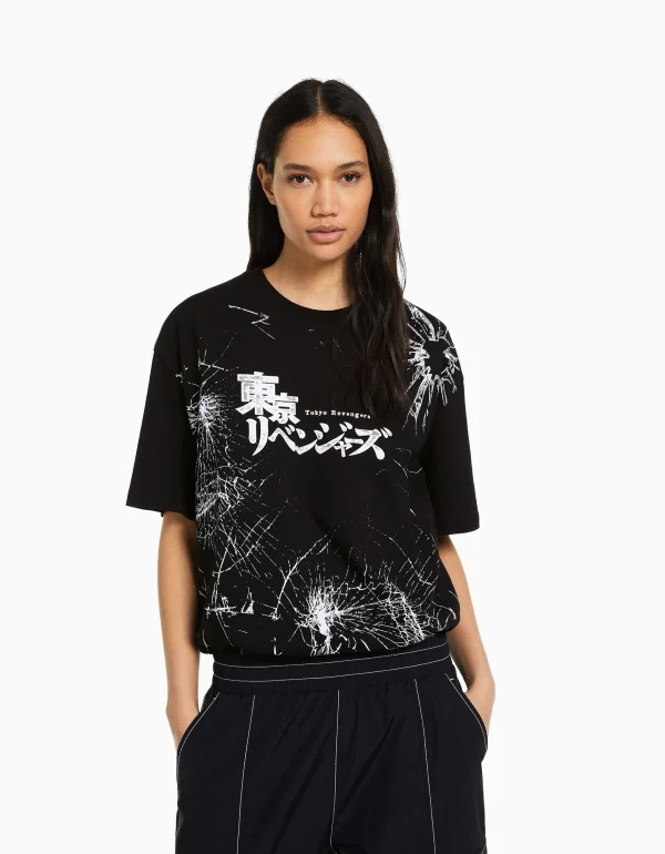 BERSHKA Vêtements*T-shirt manches courtes boxy fit TOKYO REVENGERS Noir