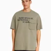 BERSHKA Tee-shirts*T-shirt manches courtes boxy fit imprimé poche Kaki