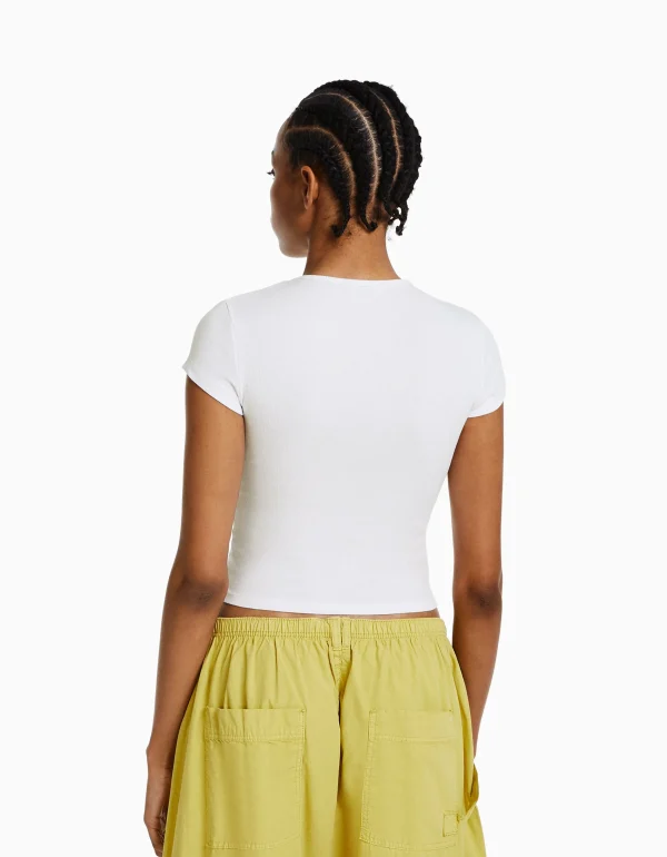 BERSHKA Tee-shirts*T-shirt manches courtes bord côte Blanc cassé