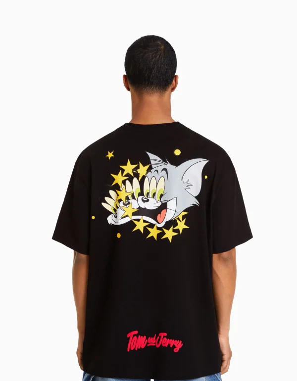 BERSHKA Vêtements*T-shirt manches courtes boxy fit imprimé Tom & Jerry Noir