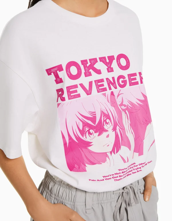 BERSHKA Vêtements*T-shirt manches courtes boxy fit imprimé TOKYO REVENGERS Noir