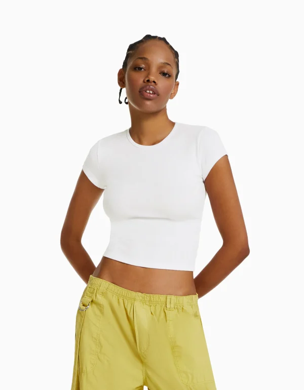 BERSHKA Tee-shirts*T-shirt manches courtes bord côte Blanc cassé