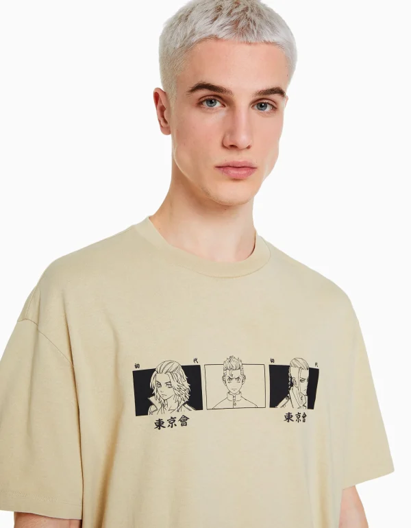 BERSHKA Collaborations®*T-shirt manches courtes boxy fit TOKYO REVENGERS Camel