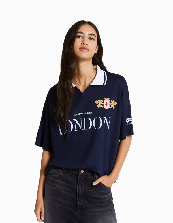 BERSHKA Vêtements*T-shirt manches courtes col polo football Marine