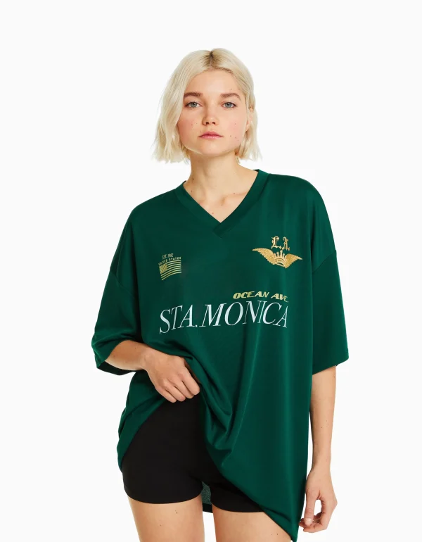 BERSHKA Vêtements*T-shirt manches courtes col polo football Vert