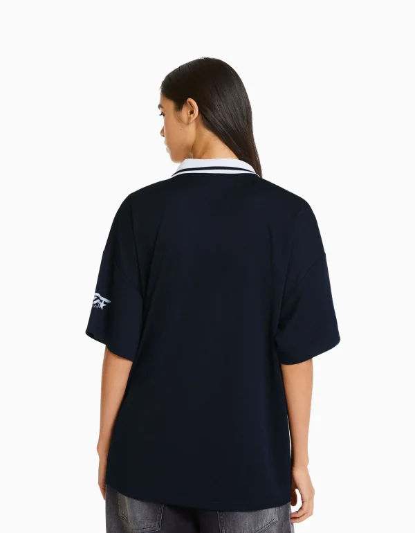 BERSHKA Vêtements*T-shirt manches courtes col polo football Marine