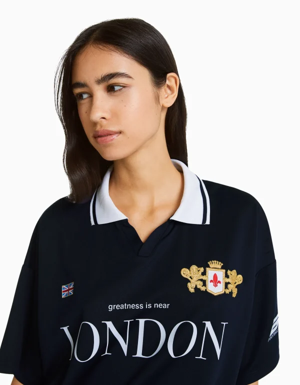 BERSHKA Vêtements*T-shirt manches courtes col polo football Marine