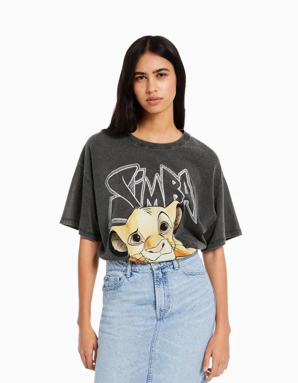 BERSHKA Cartoons*T-shirt manches courtes imprimé Simba Noir