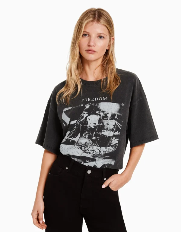 BERSHKA Tee-shirts*T-shirt manches courtes imprimé Noir