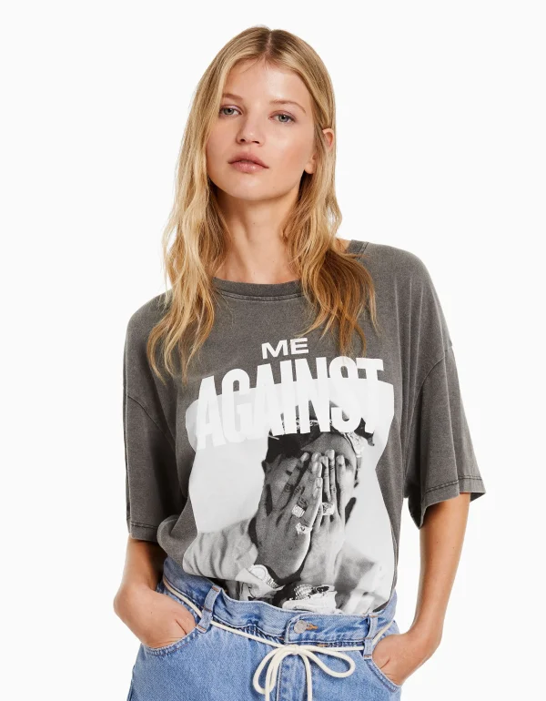 BERSHKA Tee-shirts*T-shirt manches courtes imprimé Tupac Noir