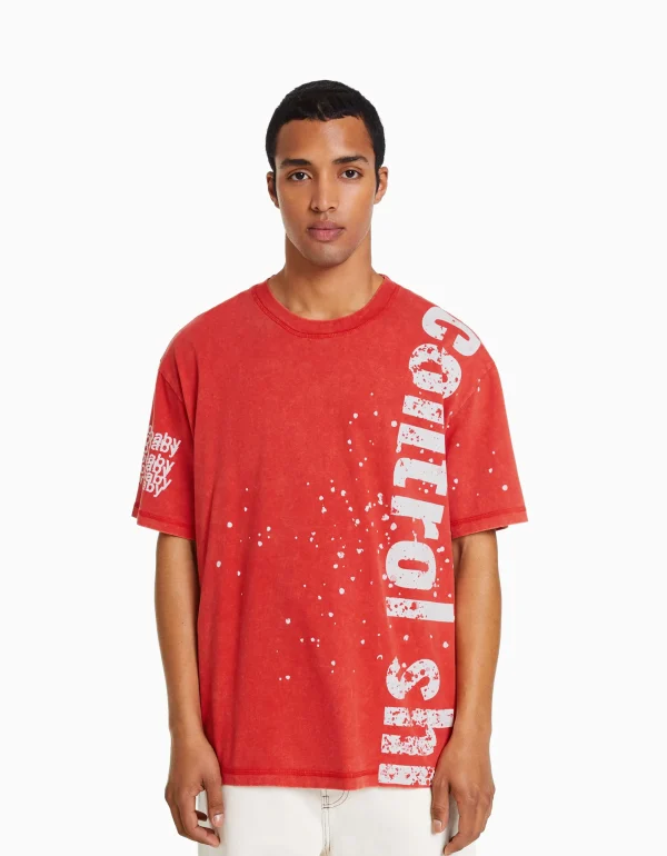 BERSHKA Vêtements*T-shirt manches courtes imprimé effet délavé Rouge