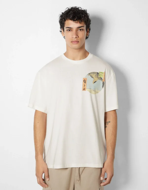 BERSHKA Chaussures*T-shirt manches courtes imprimé Art Series Blanc