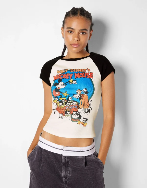 BERSHKA Cartoons*T-shirt manches courtes imprimé Mickey Blanc cassé