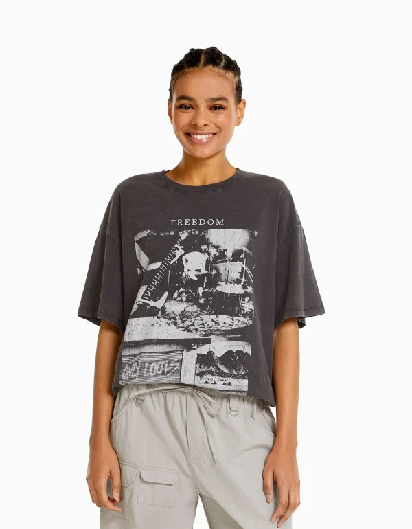 BERSHKA Vêtements*T-shirt manches courtes imprimé Noir