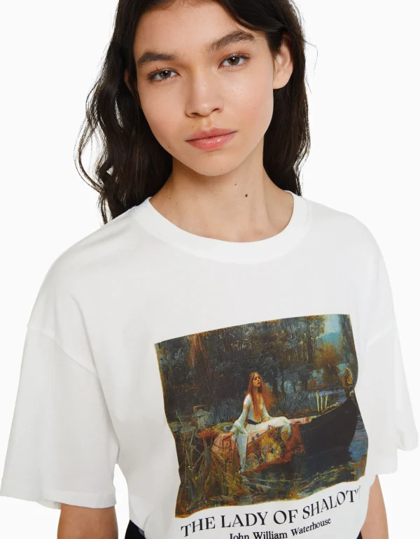 BERSHKA Tee-shirts*T-shirt manches courtes imprimé Art Series Blanc cassé