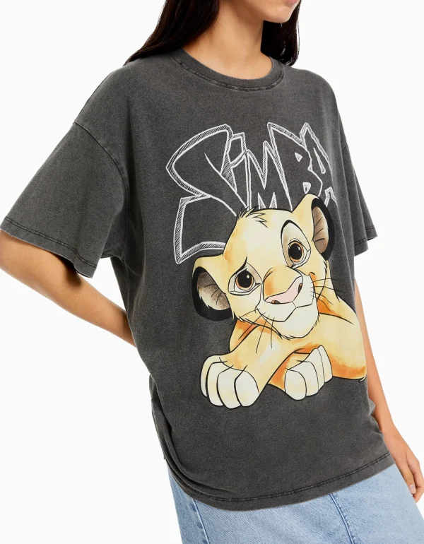 BERSHKA Cartoons*T-shirt manches courtes imprimé Simba Noir