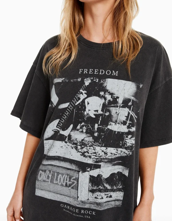 BERSHKA Tee-shirts*T-shirt manches courtes imprimé Noir