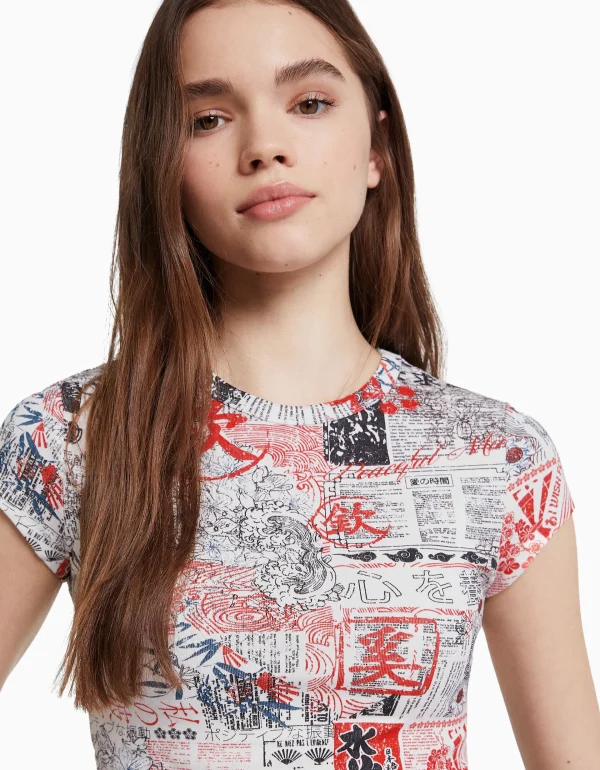 BERSHKA Tee-shirts*T-shirt manches courtes imprimé Noir