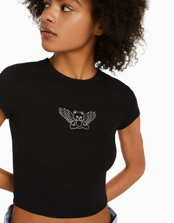 BERSHKA Tee-shirts*T-shirt manches courtes imprimé Noir