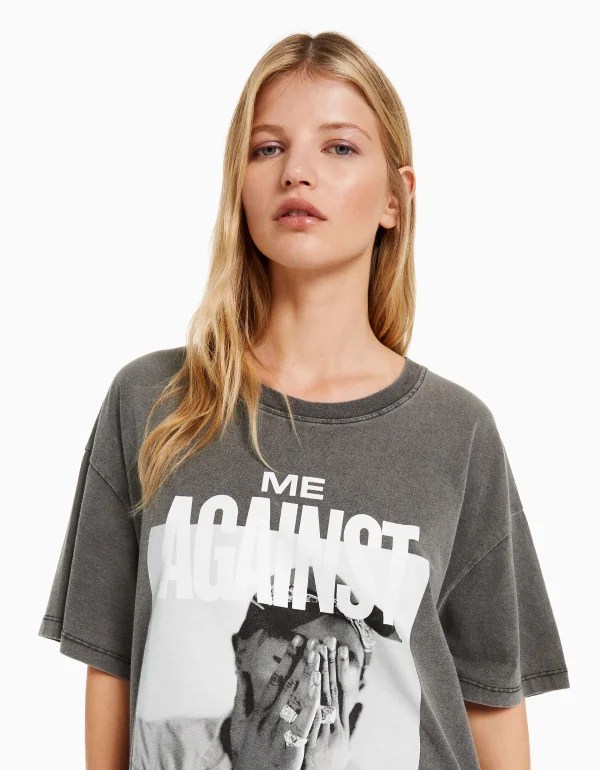 BERSHKA Tee-shirts*T-shirt manches courtes imprimé Tupac Noir