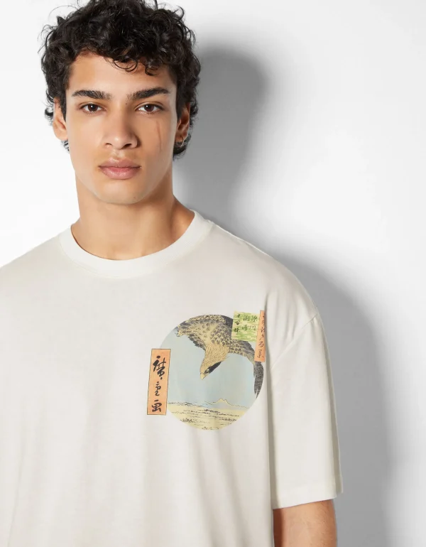 BERSHKA Chaussures*T-shirt manches courtes imprimé Art Series Blanc