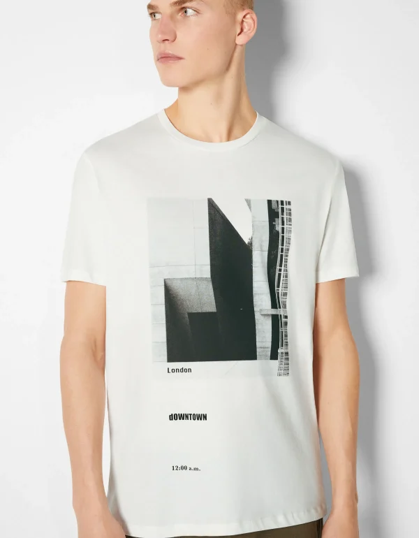 BERSHKA Tee-shirts*T-shirt manches courtes imprimé photo Blanc cassé