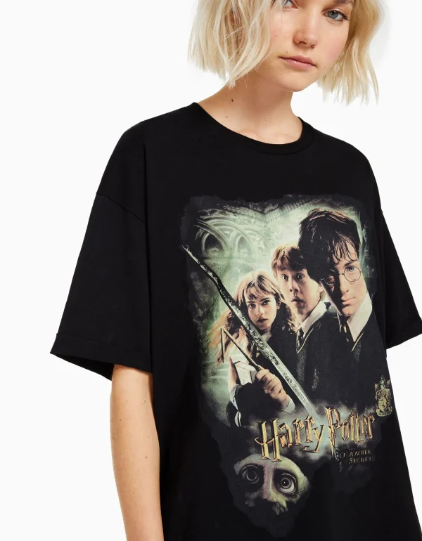 BERSHKA Tee-shirts*T-shirt manches courtes imprimé Harry Potter Noir