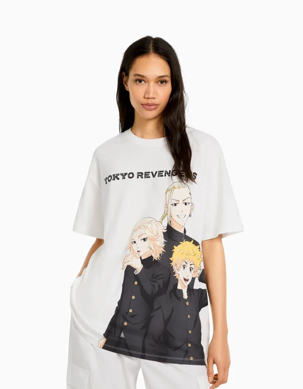 BERSHKA Vêtements*T-shirt manches courtes oversize imprimé TOKYO REVENGERS Blanc cassé