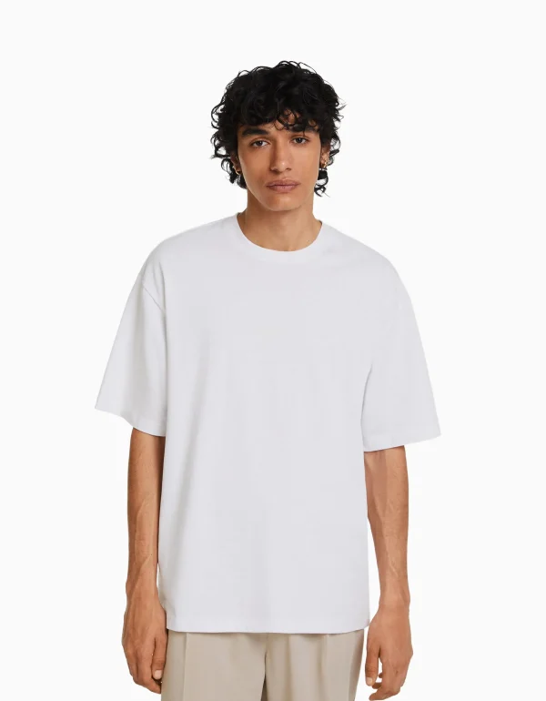 BERSHKA Tee-shirts*T-shirt manches courtes oversize imprimé Blanc