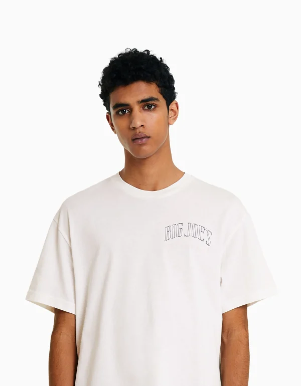 BERSHKA Tee-shirts*T-shirt manches courtes oversize imprimé Blanc cassé