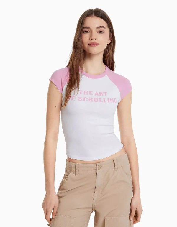 BERSHKA Tee-shirts*T-shirt manches courtes raglan imprimé Blanc