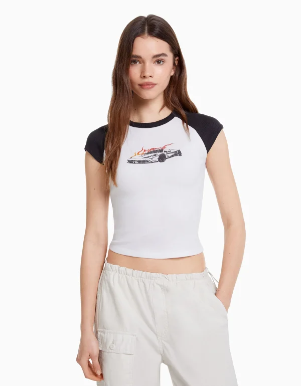 BERSHKA Tee-shirts*T-shirt manches courtes raglan imprimé Blanc