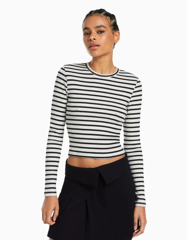 BERSHKA Tee-shirts*T-shirt manches longues bord-côte Blanc / Noir